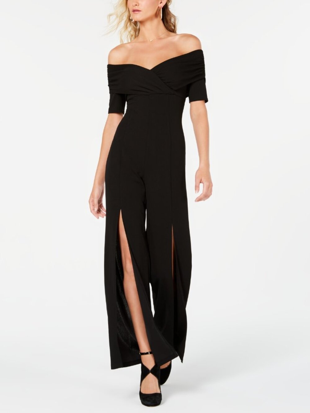 NWT GUESS Size XL Black Juda Off-The-Shoulder Split Wide Leg Jumpsuit NEW